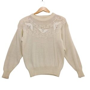 Vintage Dana Scott Cream Pearl Embellished Knit‎ Sweater Top Sz M